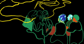 Stalkerware and targeted digital surveillance: what it is and what are the strategies to protect ourselves collectively - title of the Feminist Learning Circle. The background is black and a group of women, their silhouettes drawn in different colors, are gathered in a circle, yellow lines of conversation come out of their mouths and create a yellow cloud above their heads. Image by: Laura Ibáñez López
