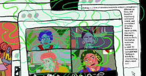  A drawing with four women in squares on a computer screen. Each woman looks different, their hair or faces have tones of purple, blue, pink. Green lines like smoke float from their mouths, forming clouds above, on top of the computer screen and beyond. Behind the screen there is a definition of stalking that their experiencias and ideas are shaping. Artist: Laura Mercedes Ibáñez López