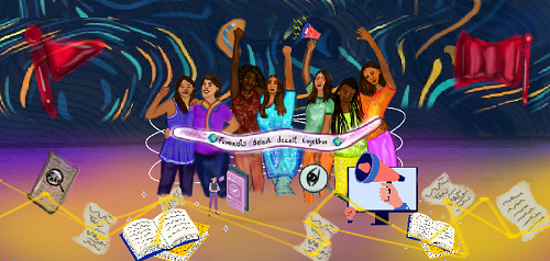 #DefeatDeceit against gendered disinformation. Artist Imaan Jufeer A group of diverse women in the center are surrounded by interconnected ways of publishing information and connection, like books, computers and phones. There are a couple of red flags on the sides, and the banner in the middle says: Feminists defeat deceit together.